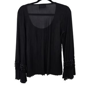 Marianne Black Sheer Beaded Fringe Top S Vintage 90s Boho Bell Sleeves